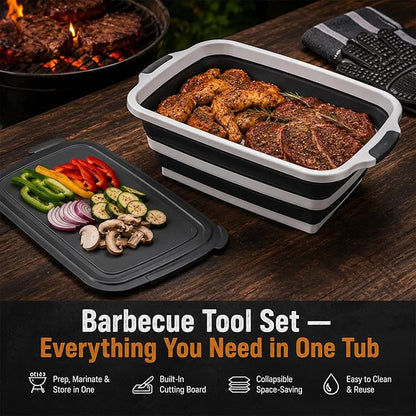BBQ Prep Tub with Lid and Cutting Board - Collapsible Barbecue Tool Set for Marinating, Grilling, BBQ Prep Station for Outdoor Cooking, Camping Kitchen Accessories & Barbecue Utensils, XX-Large Black