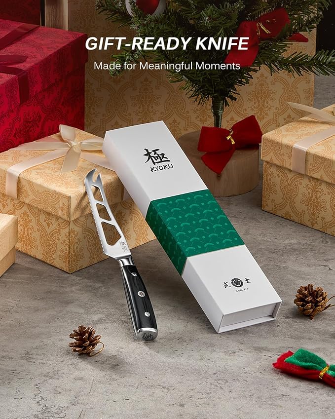 KYOKU 5 in. Serrated Cheese Knife, Samurai Series Cheese Slicer with Hollow Blade Pakkawood Handle, German 1.4116 Stainless Steel Full Tang Knife for Hard Cheese with Protective Sheath & Gift Box