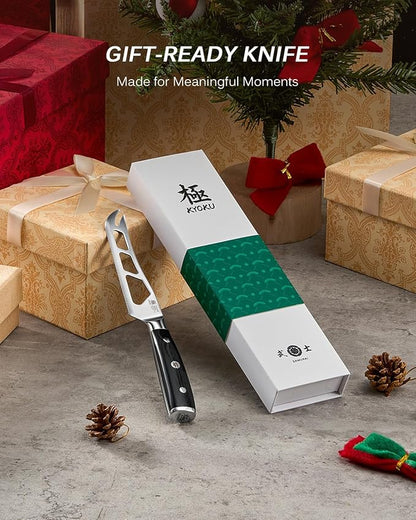 KYOKU 5 in. Serrated Cheese Knife, Samurai Series Cheese Slicer with Hollow Blade Pakkawood Handle, German 1.4116 Stainless Steel Full Tang Knife for Hard Cheese with Protective Sheath & Gift Box