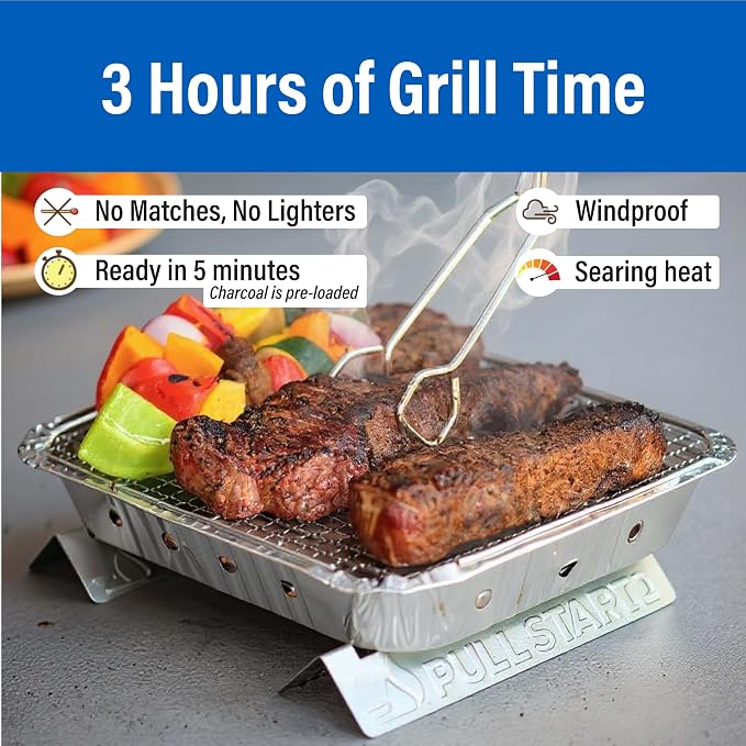Pull Start Fire Grill, Natural Hardwood Charcoal, Portable 3hr Burn, 1 Pack | Pull Start Matchless Ignition, Ready in 5 Mins, Clean Burn, No Lighter Fluid, Disposable, Tailgate, Camping, Beach, Backyard