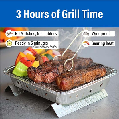 Pull Start Fire Grill, Natural Hardwood Charcoal, Portable 3hr Burn, 1 Pack | Pull Start Matchless Ignition, Ready in 5 Mins, Clean Burn, No Lighter Fluid, Disposable, Tailgate, Camping, Beach, Backyard