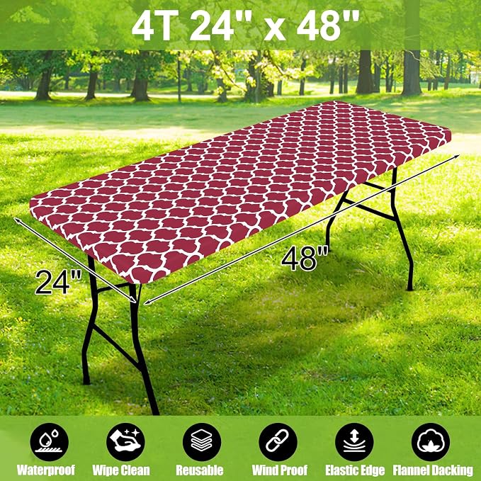 Smiry Picnic Fitted Table Cover, 4 Foot Flannel Backed Vinyl Tablecloth | Waterproof Elastic Stretch Table Cloth, Wipeable Plastic Tablecloth for Camping, Indoor & Outdoor (Wine Red, 24" x 48")