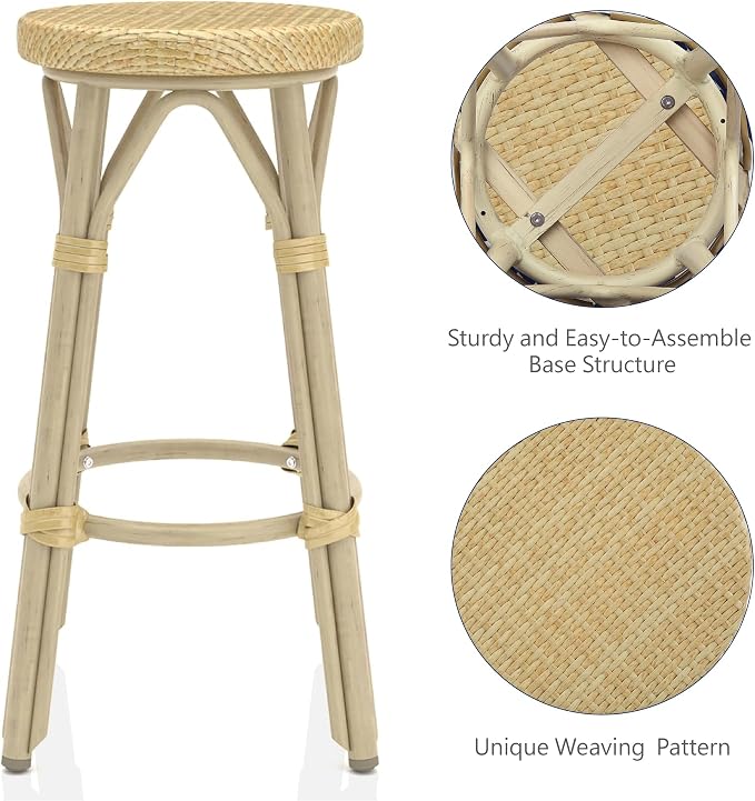 Seadrift Boho 26-inch Aluminum and All-Weather Wicker Barstools with Footrest, Patio Stools & Bar Chairs for Outdoor, Kitchen Counter, Poolside, Yard, Set of 2, Natural