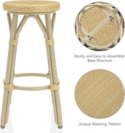 Seadrift Boho 26-inch Aluminum and All-Weather Wicker Barstools with Footrest, Patio Stools & Bar Chairs for Outdoor, Kitchen Counter, Poolside, Yard, Set of 2, Natural