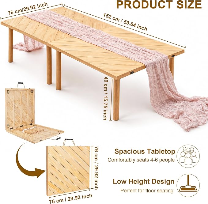 Folding Picnic Table for Indoor Outdoor, Portable Boho Low Picnic Table with Table Runner, 60" x 30" Wooden Table for Camping, Wedding, Beach, Garden, Party, Seats 6-8 People