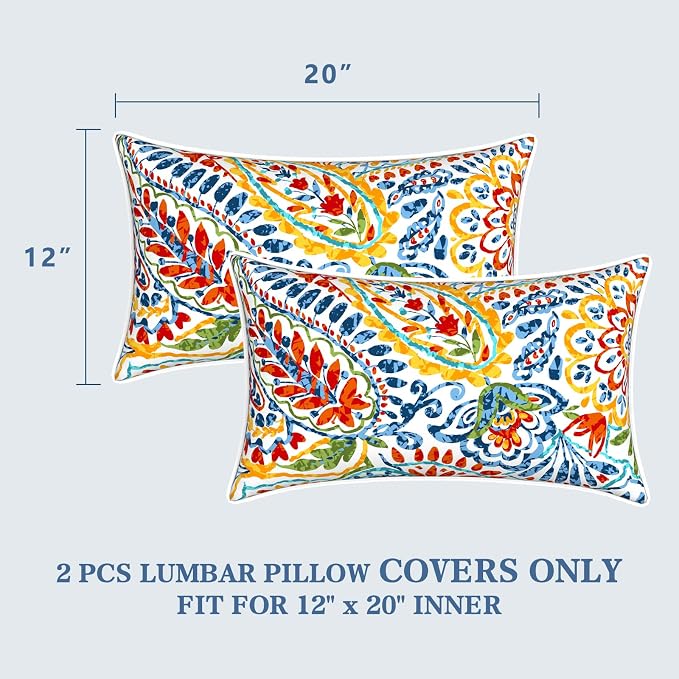 LVTXIII 2 Pack Outdoor Lumbar Pillow Covers 12x20 Inch with Piping, Water-Repellent Back Cushion Covers ONLY for Patio Furniture, Sofa, Garden Bench, Paisley Multi