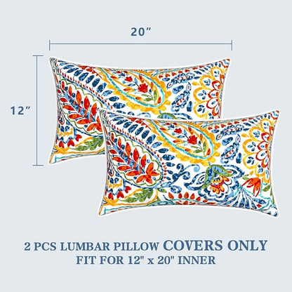 LVTXIII 2 Pack Outdoor Lumbar Pillow Covers 12x20 Inch with Piping, Water-Repellent Back Cushion Covers ONLY for Patio Furniture, Sofa, Garden Bench, Paisley Multi