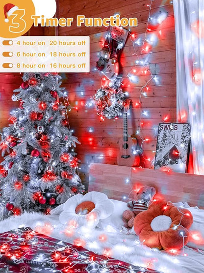 Guhope Christmas Lights 600 LED 98FT, Waterproof Outdoor String Lights with Remote and Timer, 8 Modes Dimmable Fairy Lights for Indoor Outdoor Wedding Party Holiday Decorations (Red and White)