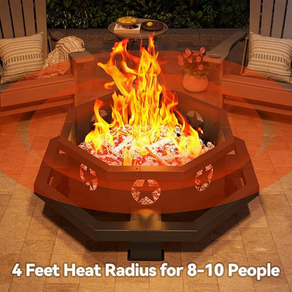 43 inch Large Fire Pit, Outdoor Fire Pit with Heavy Duty Construction, Wood Burning Fire Pits for Outside Octagonal Firepit for Camping, Backyard, Patio, Black