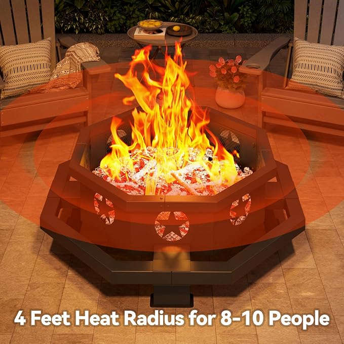 45 Inch Fire Pit for Outside Wood Burning, Outdoor Octagonal Fire Pit with Poker, Large Firepit for Camping, Backyard, Patio, Black