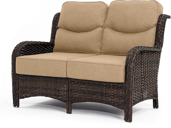 HILLGA Oversized Loveseat, Outdoor Sofa with High Back and 6-Inch Cushions | Patio Couch, Wicker Sofa, Outdoor Seating, Porch Furniture, Deck Couch, Luxury Furniture, Poolside Yard (Beige)