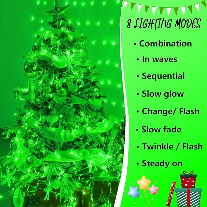 YEGUO 165ft 500 LED Halloween String Lights Outdoor Waterproof, Green String Lights Indoor Plug in, 8 Modes Clear Wire Twinkle Lights for Christmas Tree