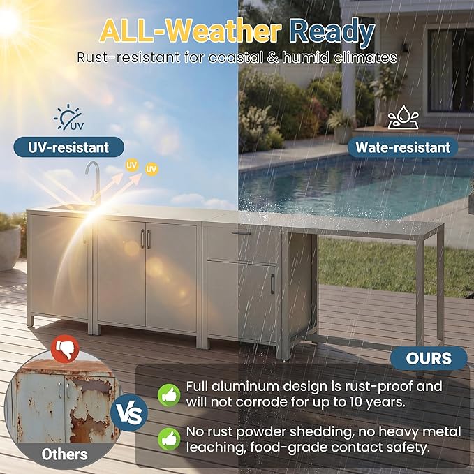 Wisteria Lane Outdoor Prep Table, Aluminum Modular Outdoor Kitchen, All Weather Kitchen Island with Ample Storage & Food Preparation Space for Patio BBQ, Backyard, Porch