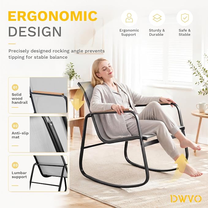 DWVO 4-Piece Rocking Patio Furniture Set, Textilene Conversation Set, Grey | Heavy-duty Patio Set w/Breathable Fabric, Smooth Rocking, Wooden Armrest, Tempered Glass Table, Easy Assembly and Cleaning