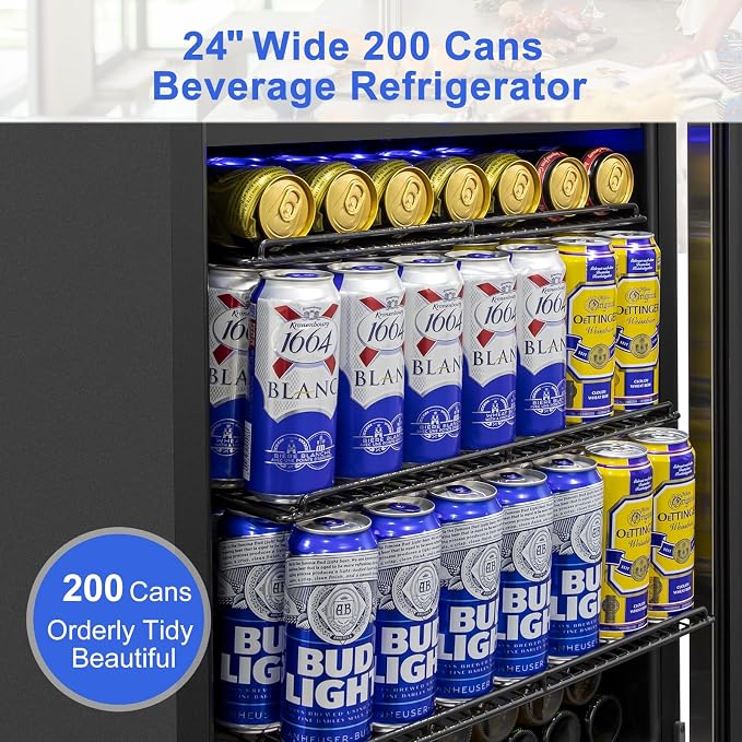 24" 200-Can Beverage Fridge, Under Counter/Freestanding with Glass Door | Temp memory, Reversible door, Quick cool, Beer soda wine, Adjustable shelves, Energy efficient, Digital display, Home bar
