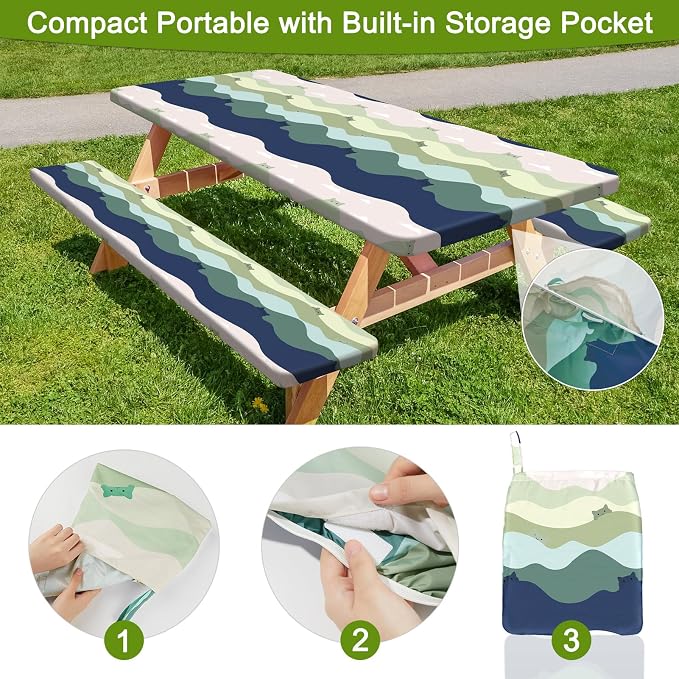 Picnic Table and Bench Cover Set, Waterproof Fitted Elastic Cloth | Portable Camping Essentials With Built-In Storage Pocket And Waterproof Fabric For Outdoor RV Or Picnic Table Use