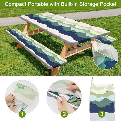 Picnic Table and Bench Cover Set, Waterproof Fitted Elastic Cloth | Portable Camping Essentials With Built-In Storage Pocket And Waterproof Fabric For Outdoor RV Or Picnic Table Use