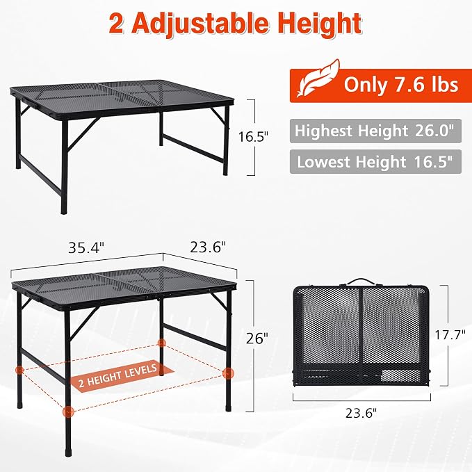 JOUYEK Folding Grill Table, 3x2 FT Portable Camping Table | Height Adjustable Metal Tables with Mesh Desktop and Mesh Bag, Outdoor Furniture for Camping, Picnic, Beach and BBQ, Black