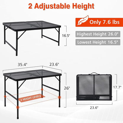 JOUYEK Folding Grill Table, 3x2 FT Portable Camping Table | Height Adjustable Metal Tables with Mesh Desktop and Mesh Bag, Outdoor Furniture for Camping, Picnic, Beach and BBQ, Black