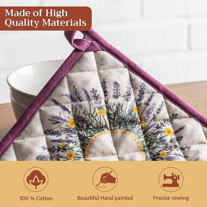 Maison d' Hermine Pot Holders 100% Cotton Heat Resistant Potholders 8" x 8" Hot Pads with Loop BBQ Cooking Baking Hotel Farmhouse Kitchen Handling Hot Pans Spring Summer (Pack of 1, Fanny Lavender)