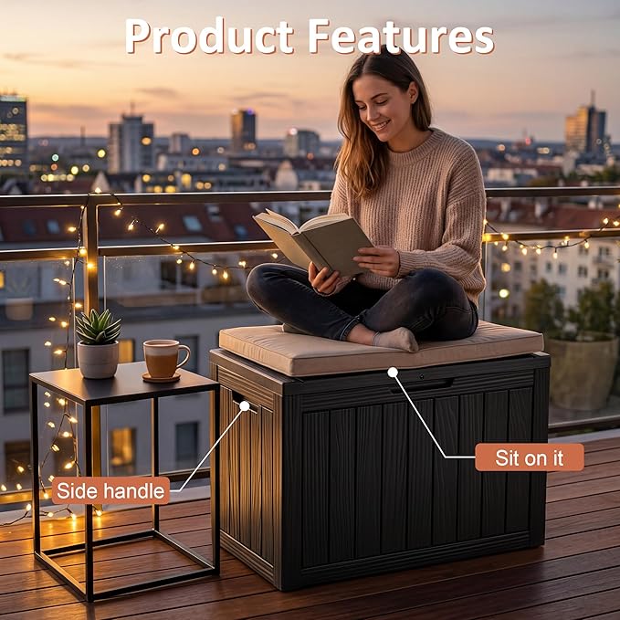 55 Gallon Outdoor Storage Box Waterproof, Small Resin Deck Box with Lockable Lid, UV-Resistant and Weatherproof Outside Storage Bin for Patio Cushions, Garden Tool, Pool Accessories, Furniture, Pillow