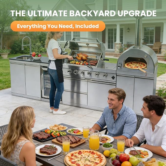 125In Stainless Steel Outdoor Kitchen Island, Propane BBQ Grill with with Standalone Side Burner Pizza Oven, Rotisserie, Refrigerator, Granite Countertop, Storage Cabinets Drawers 108000 BTU