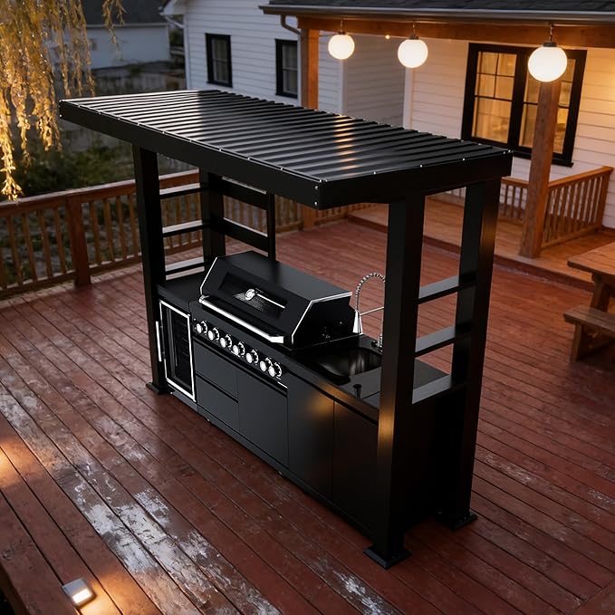 108-Inch 6-Burner Outdoor Kitchen Grill Island with Canopy, 85000 BTU Propane Gas Outdoor Kitchen Island, 304 Stainless Steel, Rotisserie, Storage Cabinets & Drawers, For Backyard BBQ, Black