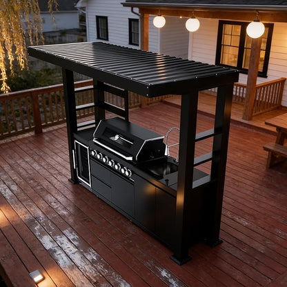 108-Inch 6-Burner Outdoor Kitchen Grill Island with Canopy, 85000 BTU Propane Gas Outdoor Kitchen Island, 304 Stainless Steel, Rotisserie, Storage Cabinets & Drawers, For Backyard BBQ, Black