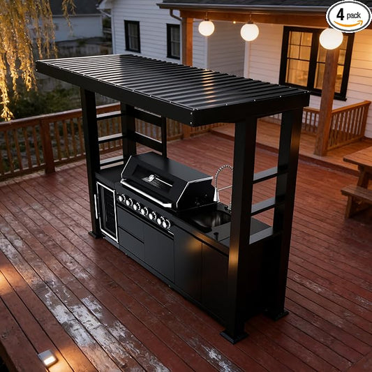 108-Inch 6-Burner 85000 BTU Natural Gas Grill Island with Shed, 304 Stainless Steel Black, 684 Sq.In Cooking Area, Wine Cooler, Rotisserie, Granite Countertops for Backyard BBQ, Black
