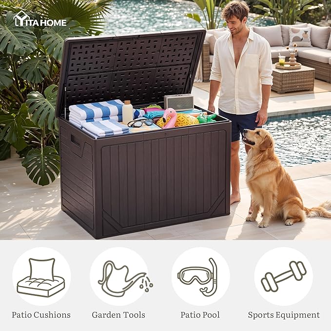 YITAHOME XXL 230 Gallon Extra Large Outdoor Deck Box, Lockable Resin Double-Wall Storage Box and Waterproof Patio Furniture Bin for Garden Tools & Pool Accessories, Brown