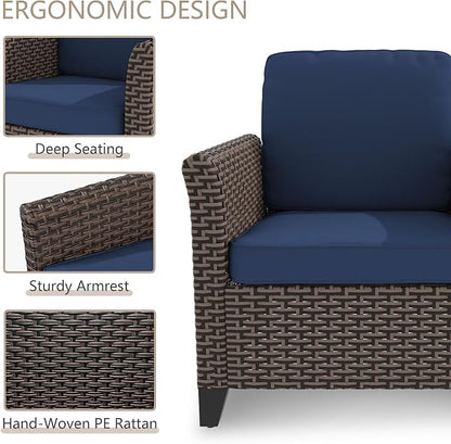 3 Pieces Patio Furniture Set, Outdoor PE Wicker High Back Couch & 2 Rattan Ottomans, All Weather Patio Set with Waterproof Cushion for Porch, Backyard and Deck