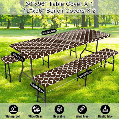 Smiry Picnic Table Cover with Bench Covers, Waterproof Elastic Fitted Tablecloth for 8 Foot Tables, Washable Polyester Tablecloths for Camping, Indoor & Outdoor (Coffee, 30x96 Inch 3-pc Set)