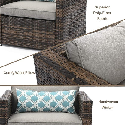 COSIEST 5-Piece Faux Brown Propane Fire Pit Outdoor Furniture Brown Chairs, Warm Gray Wicker Thick Cushion Sofa w 32-inch Square Propane Fire Table (50,000 BTU) for Garden, Pool, Backyard