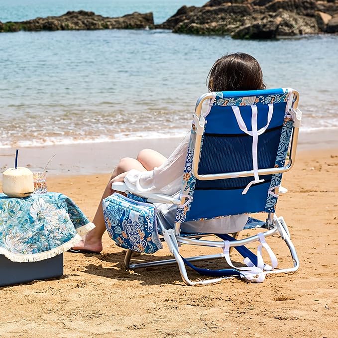 Old Bahama Bay Backpack Beach Chair, Aluminum Lightweight Reclining 5-Position Lounge Chair for Adults Heavy Duty Support 400 LBS Portable Folding with Cooler Bag Camping Chair for Sand Outdoor