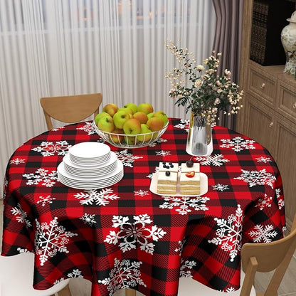 Sweetshow Christmas Round Tablecloth 70 Inch Red Black Buffalo Plaid Tablecloth Waterproof Polyester Xmas Winter Snowflake Table Cloth Table Cover for Kitchen Dining Room Picnic Patio Party