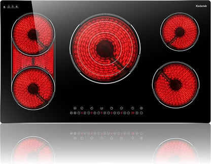 36 Inch Electric Cooktop 5 Burner, Built-in Electric Stovetop with Flexible Bridge & Triple Ring Burner, 9600W Cooktop Electrics with BBQ Burner, Timer, Safety Lock,Pause, 220V-240V Hard Wire