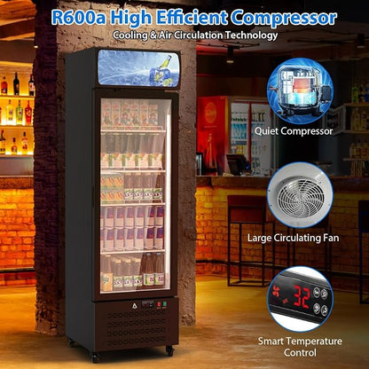 11.3 Cu.Ft Commercial Display Refrigerator,Glass Door Beverage Cooler with Adjustable Shelves,LED Lighting & Advertising Panel, Mobile Design, Black