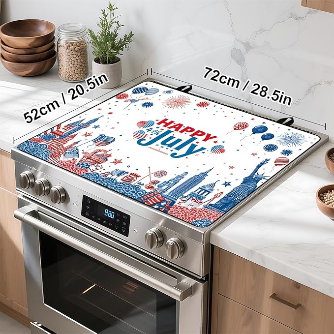 Patriotic Stove Top Cover, Heat Resistant Electric Stove Protector Mat, Large Diatomite Kitchen Counter Mat, Independence Day Decor American Flag Kitchen Accessory (happy july-2, 28x20 Inch)