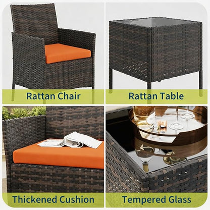 3-Piece Outdoor Furniture Set, PE Rattan Wicker Chairs with Soft Cushions & Tempered Glass Coffee Table - All-Weather Patio Set for Garden, Backyard, Porch, Poolside (Brown/Orange)
