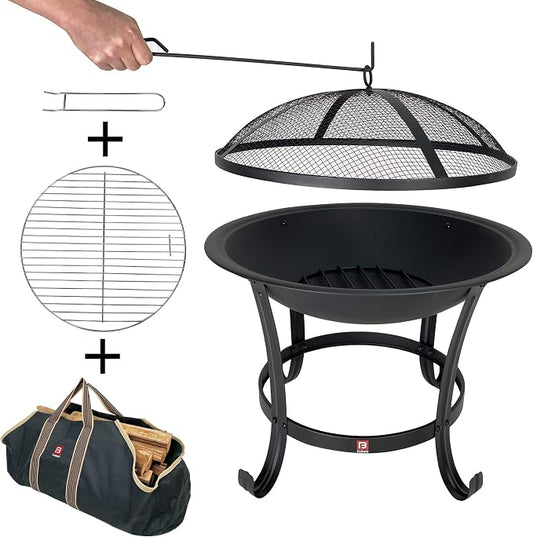 Fire Beauty Fire Pit BBQ Grill Pit Bowl with Mesh Spark Screen Cover,Poker (Includes Tote Bag)