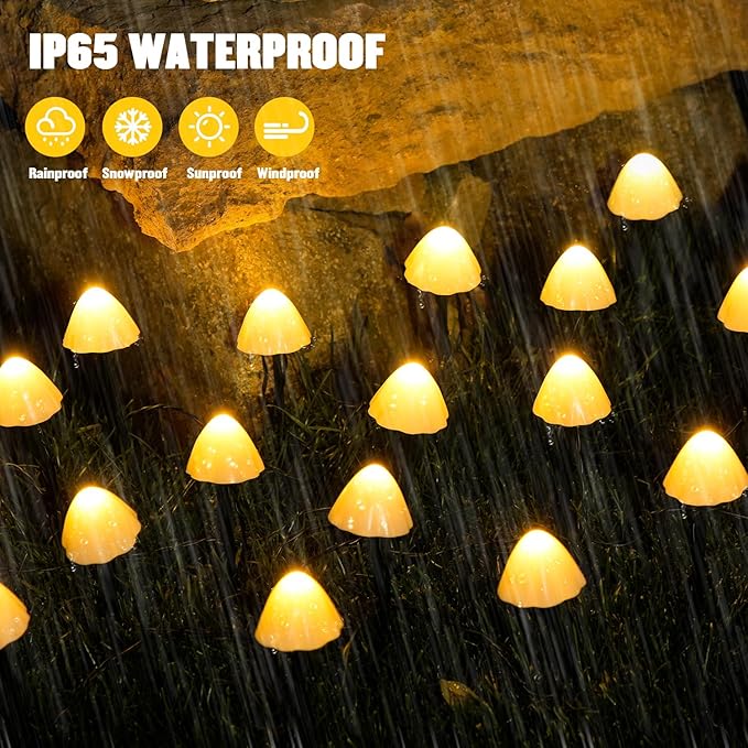 JMEXSUSS 2 Pack Solar String Lights Outdoor, 20 LED 36ft, Mushroom | Outdoor Waterproof, Warm White, 8 Modes Solar Pathway Lights for Outside Garden Patio Yard Decorations