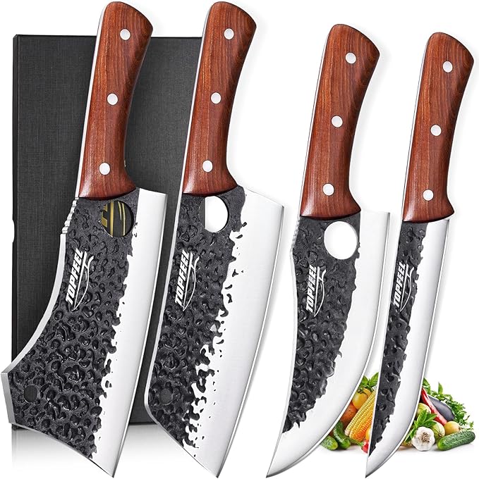 Topfeel 4PCS Meat Cleaver Set -Heavy Duty Bone Chopper & Meat Cleaver & Viking Knife & Slicing Knife, Chef Knives Set for Home Kitchen,Camping, BBQ Knives Gift for Men