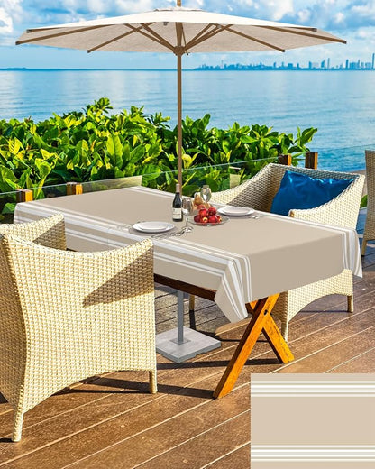 QueenKer Outdoor Tablecloth with Umbrella Hole, Khaki and White Stripe Rectangle Tables Waterproof Tabletop Collection for Patio, Garden, Picnic, Camping, Dining 60 x 102 inch