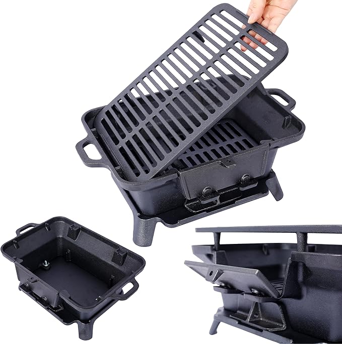 Cast Iron Hibachi Grill Outdoor, Japanese Yakitori Grill for Camping, Small Portable Charcoal Hibachi Grills, Cast Iron, with Double-Sided Grate, for Indoor Outdoor BBQ (1, No handle)