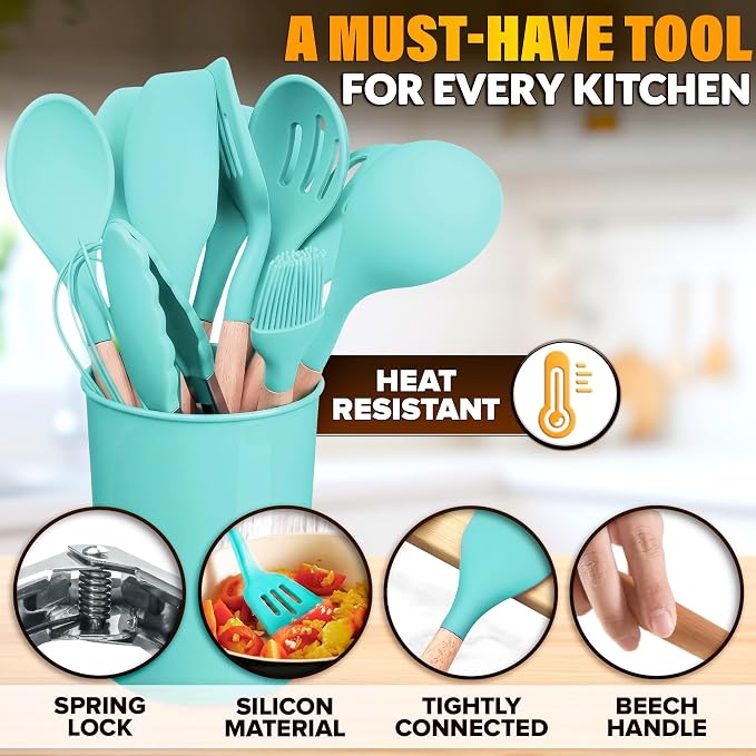 Teal Kitchen Utensils Set with Holder, 12 Pcs, Wooden Handle | BBQ Cooking Utensils that Bake, Serve, Mix & Flip; Silicone Heads Stay Non-Scratch on Nonstick Pots & Pans; Housewarming Gift