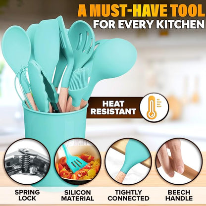 Teal Kitchen Utensils Set with Holder, 12 Pcs, Wooden Handle | BBQ Cooking Utensils that Bake, Serve, Mix & Flip; Silicone Heads Stay Non-Scratch on Nonstick Pots & Pans; Housewarming Gift