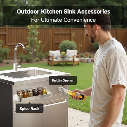 BODEGA Stainless Steel Outdoor Kitchen Sink Cabinet, Outdoor Sink With Hose Hook Up,Single Bowl Kitchen Sinks With Brake Wheels & Spice Rac, All-Weather Use, Mobile Prep Station for BBQ, Camping, RV.