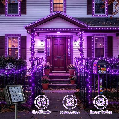 QITONG Purple Solar String Lights, 2 Pack Each 66ft 200 LED Christmas Fairy Lights Outdoor Waterproof, 8 Modes Green Wire Twinkle Lights for Outside
