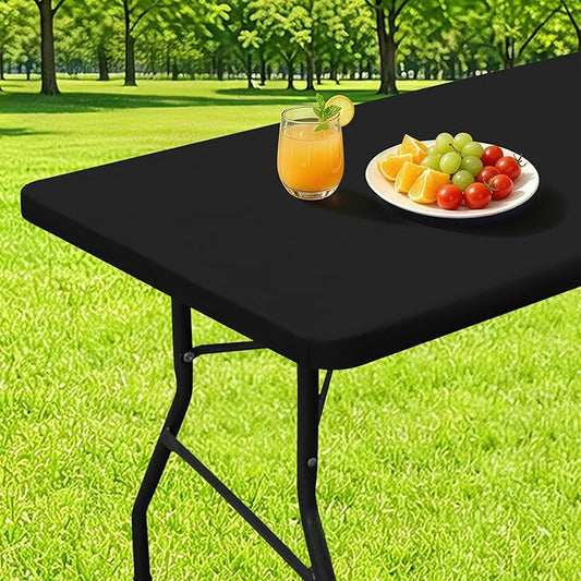 Smiry Rectangle Table Cloth, Waterproof Elastic Fitted Tablecloths for 6 Foot Tables, Washable Polyester Table Cover for Picnic, Camping, Outdoor (Black, 30"x72")