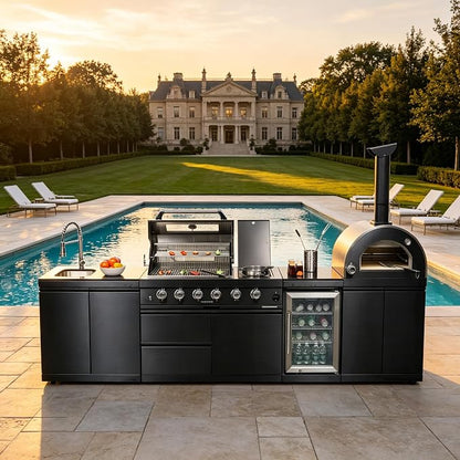 125" Outdoor Kitchen Island,Propane BBQ Grill with Pizza Oven,108000 BTU. | Stainless Steel Grill with Side Burner,Rotisserie,Refrigerator,Granite Countertop,Sink & Storage Cabinets.Sleek Black Finish